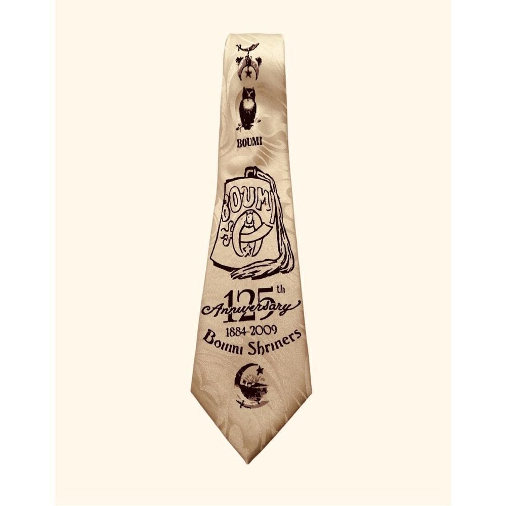 Vintage Boumi Shriner Necktie Masonic 125th Anniversary Cream Ivory